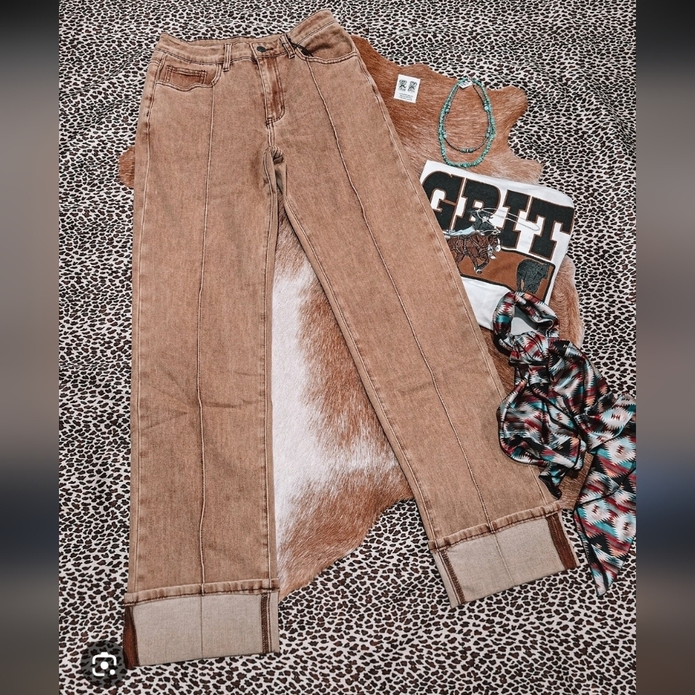 NWT Two Stay Fly Brown Straight-Leg Jeans_ Med - Picture 2 of 10